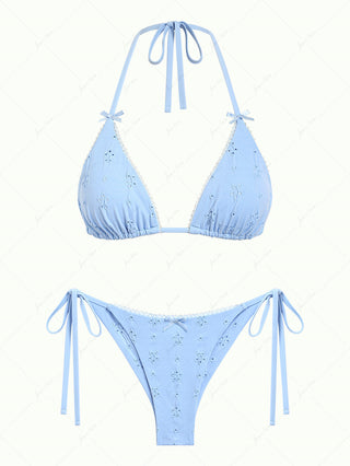 Light Blue Eyelet Jacquard Triangle Top & Cheeky Brazilian Bottom Bikini Set