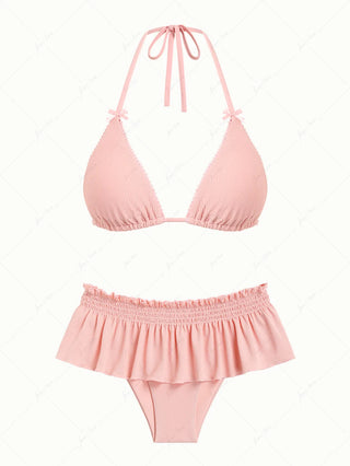 Pink Textured Knit Fabric Lace Bowknot Triangle Skirtini Bikini Set
