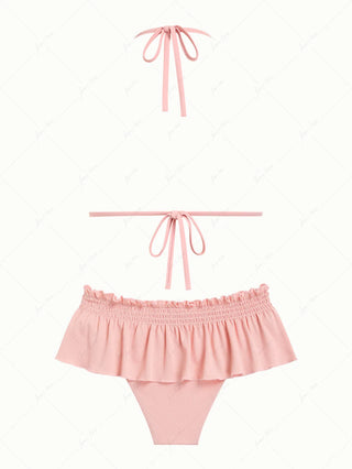 Pink Textured Knit Fabric Lace Bowknot Triangle Skirtini Bikini Set