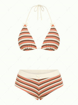 Burnt Orange Striped Textured Bowknot Triangle Cheeky Boyshorts Bikini Set