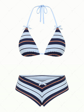 Blue Striped Bowknot Triangle Cheeky Boyshorts Bikini Set