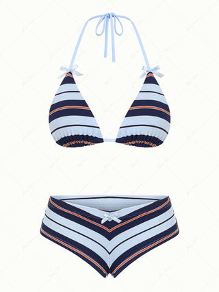 Blue Striped Bowknot Triangle Cheeky Boyshorts Bikini Set