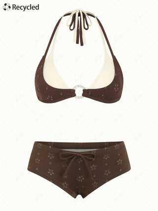 Deep Coffee Recycled Fabric Eyelet Jacquard O Ring Double Layer Top & Cheeky Boyshorts Bikini Set