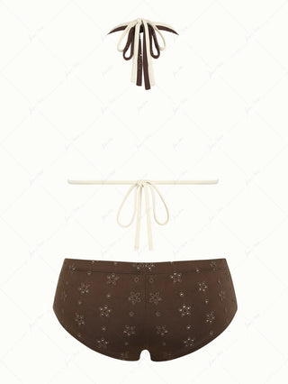 Deep Coffee Recycled Fabric Eyelet Jacquard O Ring Double Layer Top & Cheeky Boyshorts Bikini Set