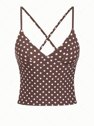 Pink Striped Polka Dot Crisscross Tie Open Back Reversible Tankini Top
