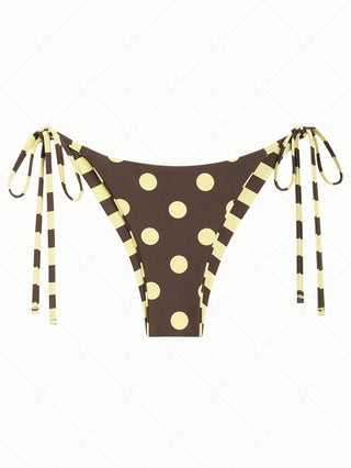 Coffee Striped Polka Dot Print Reversible Cheeky Brazilian Bikini Bottom