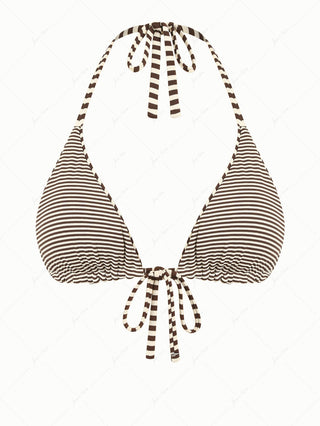 Brown Knit Striped Reversible Halter Triangle Bikini Top