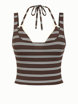 Deep Coffee Ribbed Striped 2-Way Crop Tank With Matching Bikini Top
