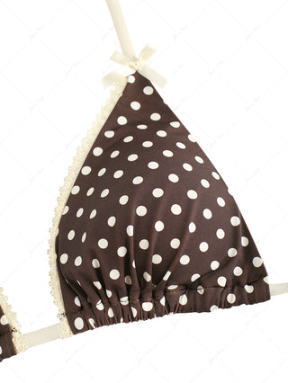 Deep Coffee Polka Dot Lace Bowknot Halter Triangle Bikini Top