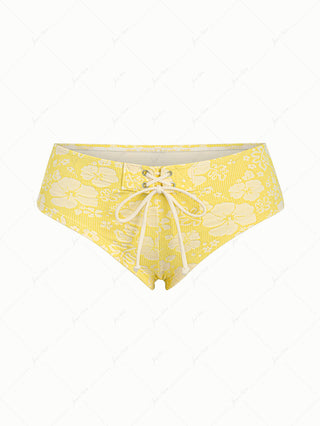 Yellow Recycled Fabric Jacquard Grommet Lace Up Bikini Bottom Cheeky Swim Boyshorts