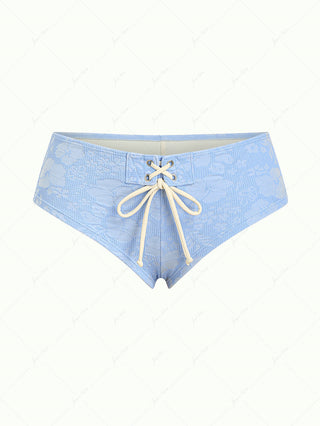 Light Blue Recycled Fabric Jacquard Lace Up Bikini Bottom Cheeky Swim Boyshorts