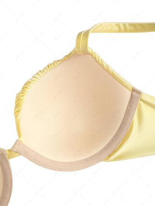 Light Yellow Satin Solid Color Ruched Underwire Push Up Bikini Top
