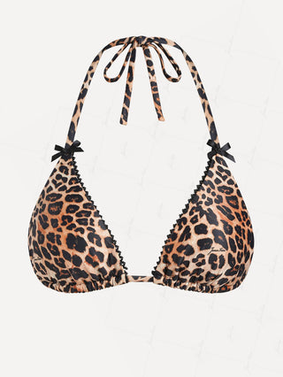 Janexswim Leopard Lace Bowknot Halter Triangle Bikini Top