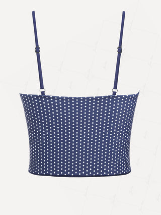 Janexswim Vintage Polka Dots Bowknot Tied Front Bikini Tankini Top