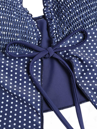 Janexswim Vintage Polka Dots Bowknot Tied Front Bikini Tankini Top