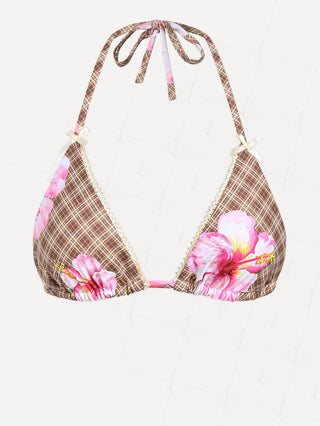 Janexswim Gingham Floral Halter Triangle Bikini Top