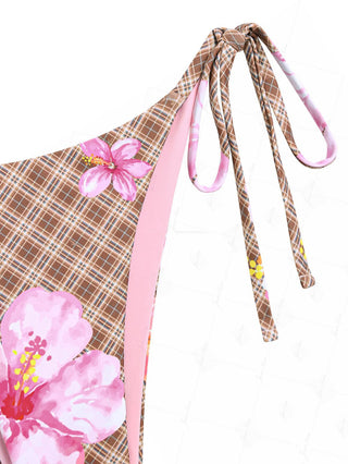 Janexswim Vintage Plaid Floral Tie Side Cheeky Bikini Bottom