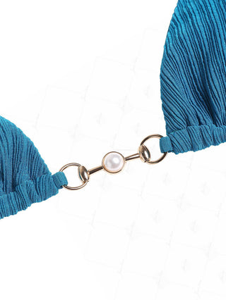 Janexswim Textured Metal Faux Pearl Halter Tied Triangle Bikini Top