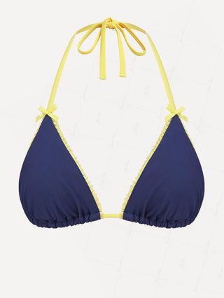 Janexswim Contrast Lace Bowknot Halter Tied Triangle Bikini Top