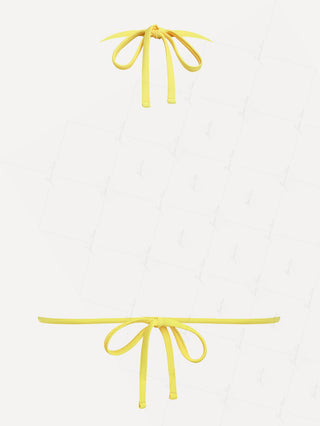 Janexswim Contrast Lace Bowknot Halter Tied Triangle Bikini Top
