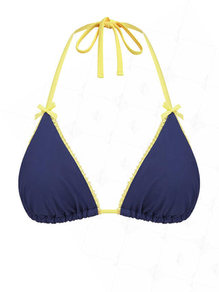 Janexswim Contrast Lace Bowknot Halter Tied Triangle Bikini Top