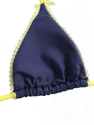 Janexswim Contrast Lace Bowknot Halter Tied Triangle Bikini Top