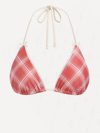 Janexswim Vintage Plaid Lace Bowknot Halter Triangle Bikini Top