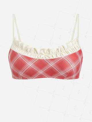 Janexswim Vintage Plaid Ruched Ruffles Bowknot Bikini Top