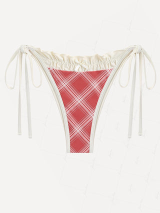 Janexswim Vintage Plaid Ruched Ruffles Bowknot Tie Side Bikini Bottom