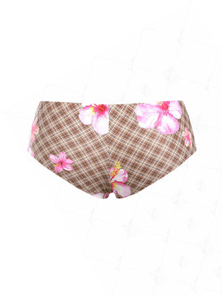 Coffee Vintage Plaid Floral Hibiscus Bikini Bottom Cheeky Swim Boyshorts
