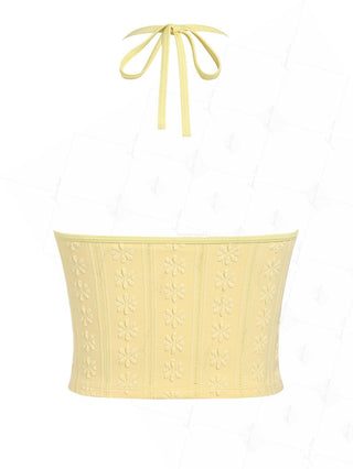 Yellow Floral Jacquard Textured Halter Tied Bikini Tankini Top
