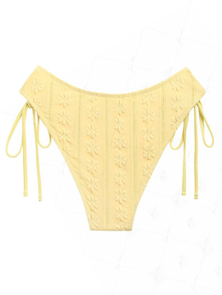 Yellow Floral Jacquard Textured Tie Side Full Coverage Bikini Bottom