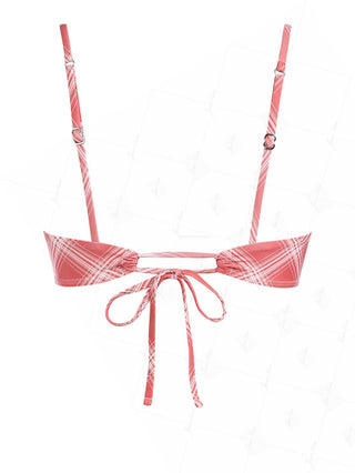 Red Vintage Plaid Hanky Hem Cinched Bikini Tankini Top