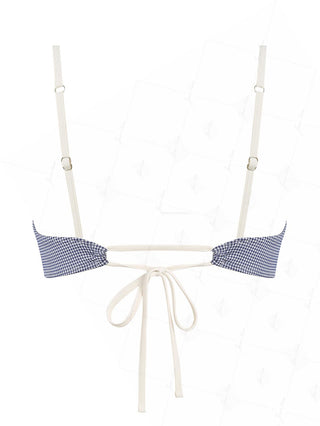 Deep Blue Vintage Plaid Spliced Ruched Bowknot Bikini Top