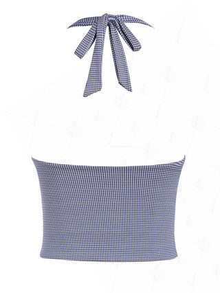 Deep Blue Vintage Plaid V-neck Halter Tied Bikini Tankini Top