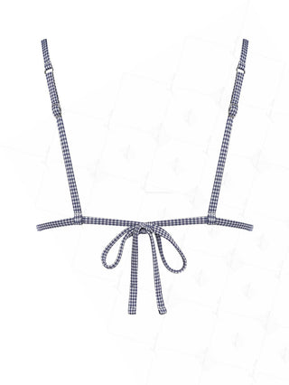 Deep Blue Vintage Plaid Frilled Ruffles Bowknot Triangle Bikini Top