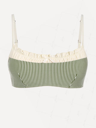 Green Striped Spliced Ruched Ruffles Bowknot Bikini Top