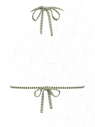 Green Striped Lace Bowknot Halter Triangle Bikini Top