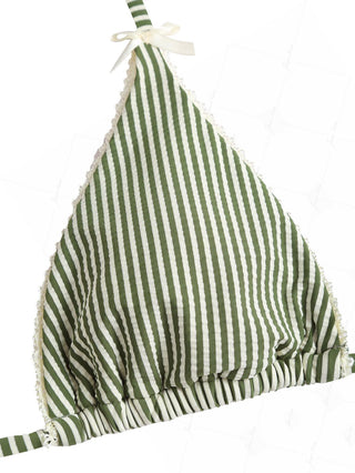 Green Striped Lace Bowknot Halter Triangle Bikini Top
