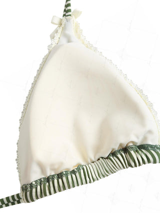 Green Striped Lace Bowknot Halter Triangle Bikini Top