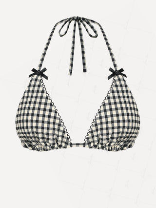 Black Plaid Picot Bowknot Halter Triangle Bikini Top