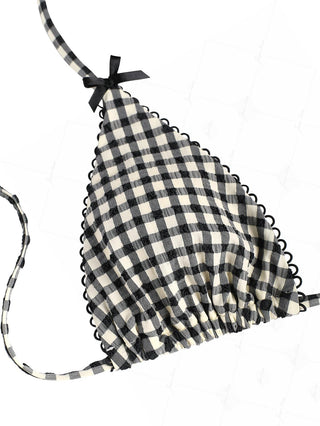Black Plaid Picot Bowknot Halter Triangle Bikini Top