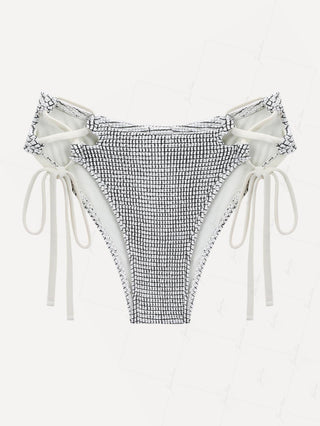 White Textured Fabric Lace Up Side Full Coverage Bikini Bottom