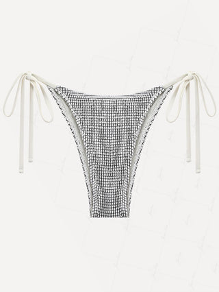 White Textured Fabric Tie Side String Cheeky Bikini Bottom