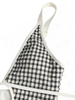 Black Plaid Tie Around Criss Cross Backless Plunging Neck One-piece Swimsuit