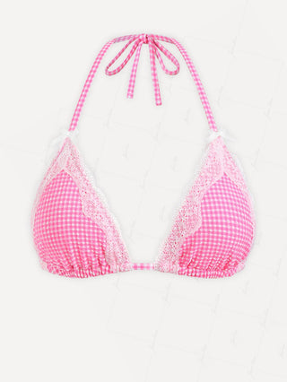 Light Pink Bubble Grid Lace Bowknot Halter Triangle Bikini Top