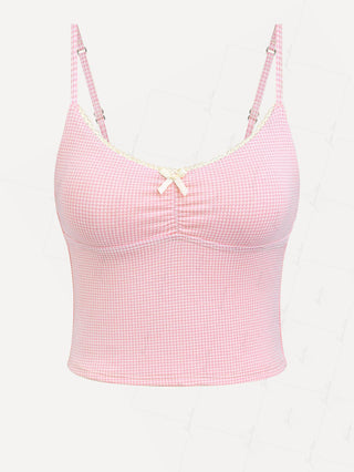 Light Pink Knitted Plaid Lace Bowknot Tankini Top