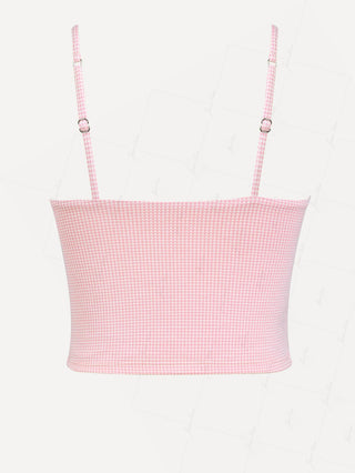 Light Pink Knitted Plaid Lace Bowknot Tankini Top