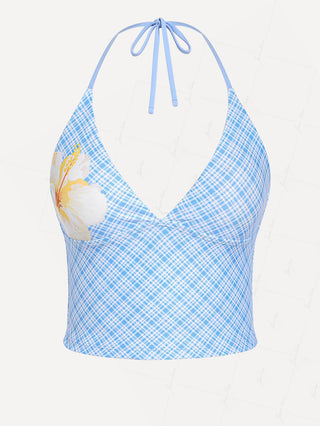 Light Blue Plaid Floral Halter Tied Tankini Top