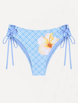 Light Blue Plaid Floral Lace Up Side Coverage Bikini Bottom